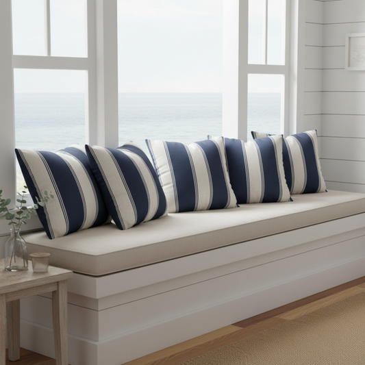 Navy Cream Striped Throw Pillowcase, Square Throw Pillow Cover 18x18 | Coastal Cottage Decor 18"x18"
