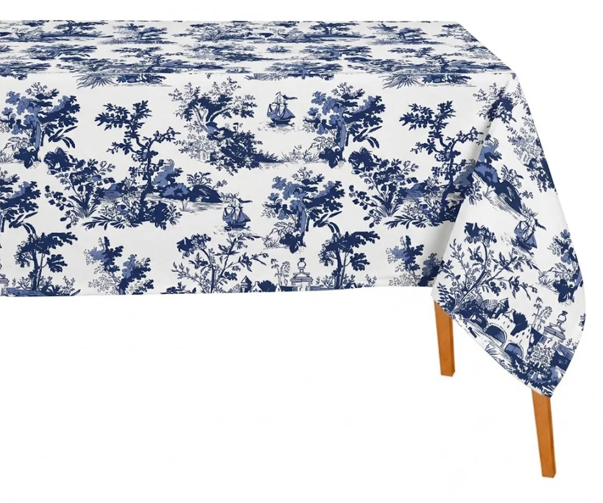 Tablecloth with blue floral pattern on a white background