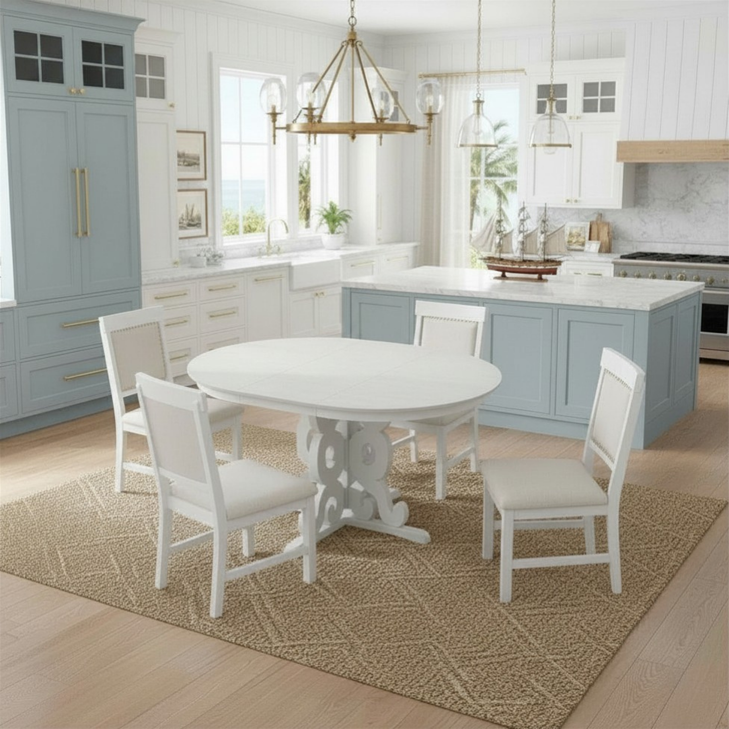 Round Solid Wood Extendable Dining Table Set with Four Matching Upholstered Chairs