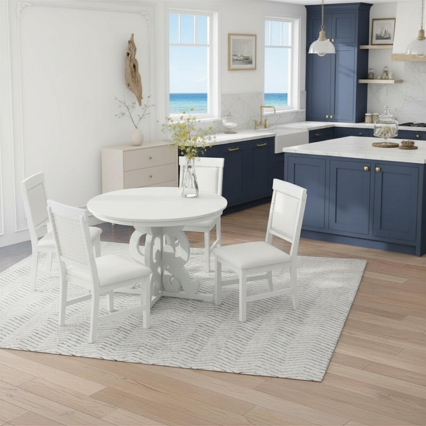 Round Solid Wood Extendable Dining Table Set with Four Matching Upholstered Chairs