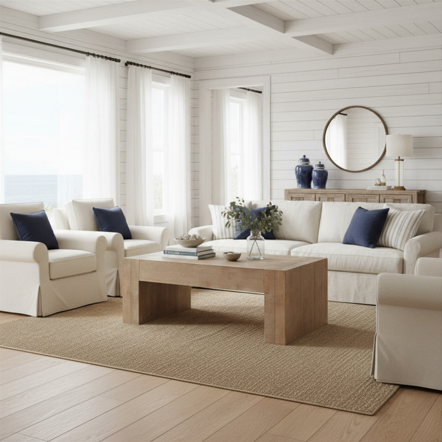 Rustic Oak Wood Coffee Table, 49in Modern Farmhouse Rectangular Table for Living Room