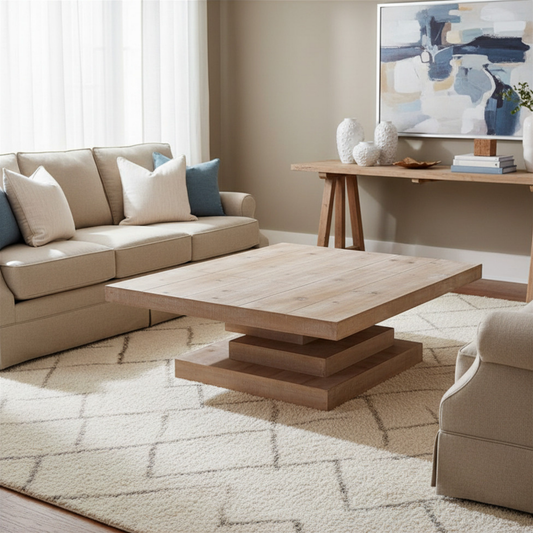 Modern Rustic Geometric Coffee Table – Rectangular Wood Center Table
