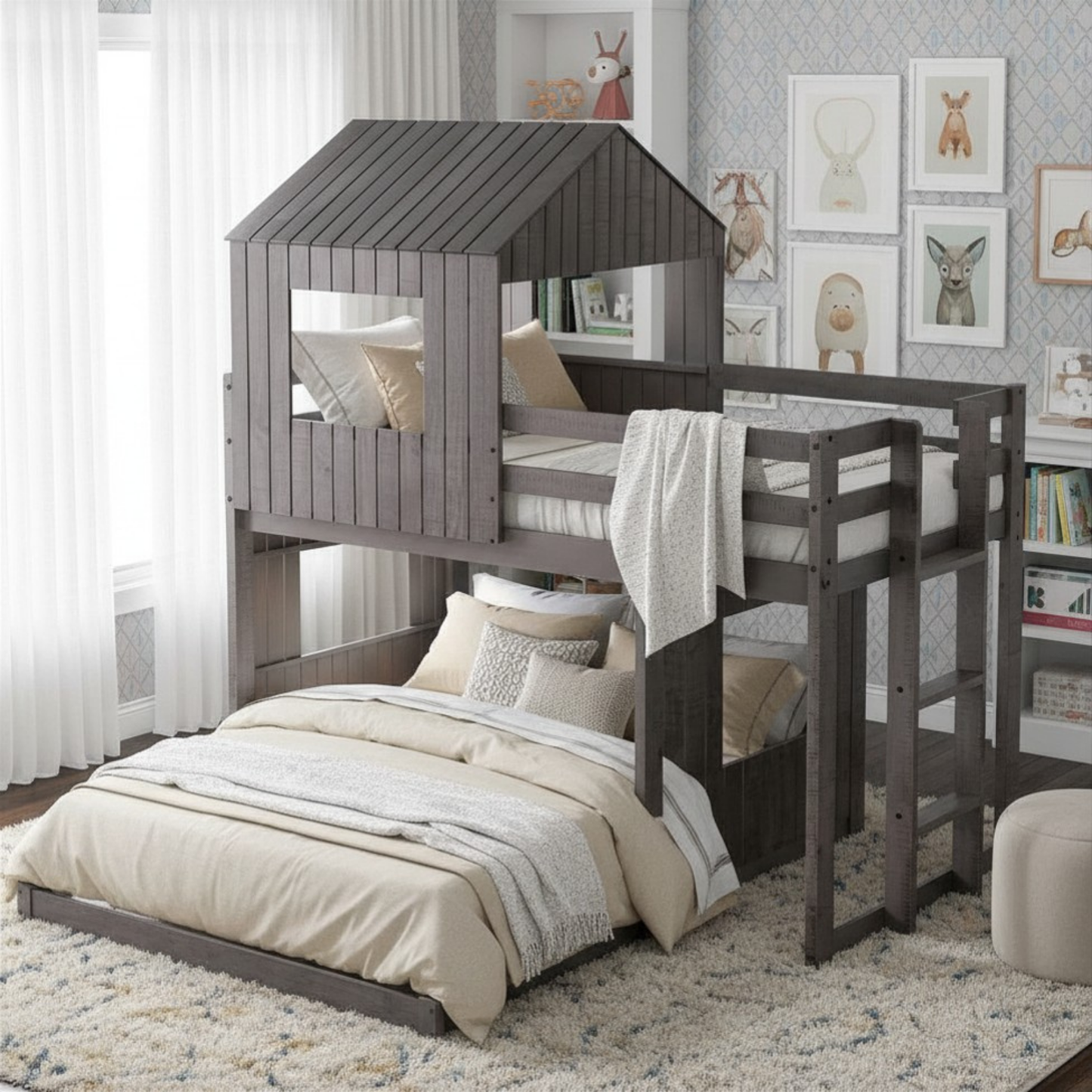 House Twin Over Full Luxury Bunk Beds Wood Distressed Grey