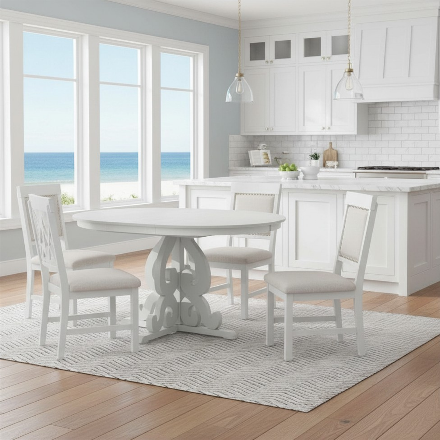 Round Solid Wood Extendable Dining Table Set with Four Matching Upholstered Chairs