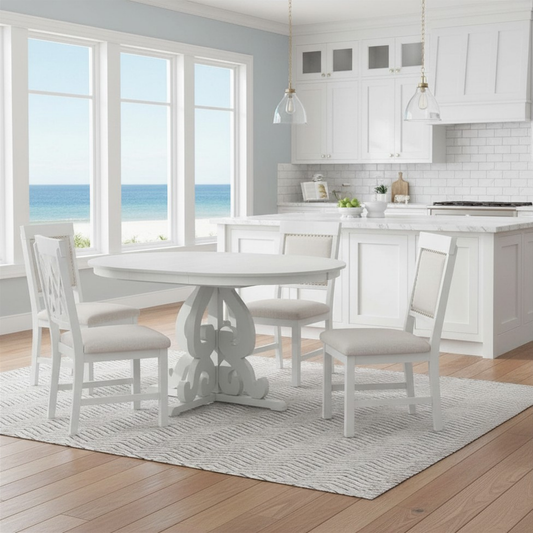 Round Solid Wood Extendable Dining Table Set with Four Matching Upholstered Chairs