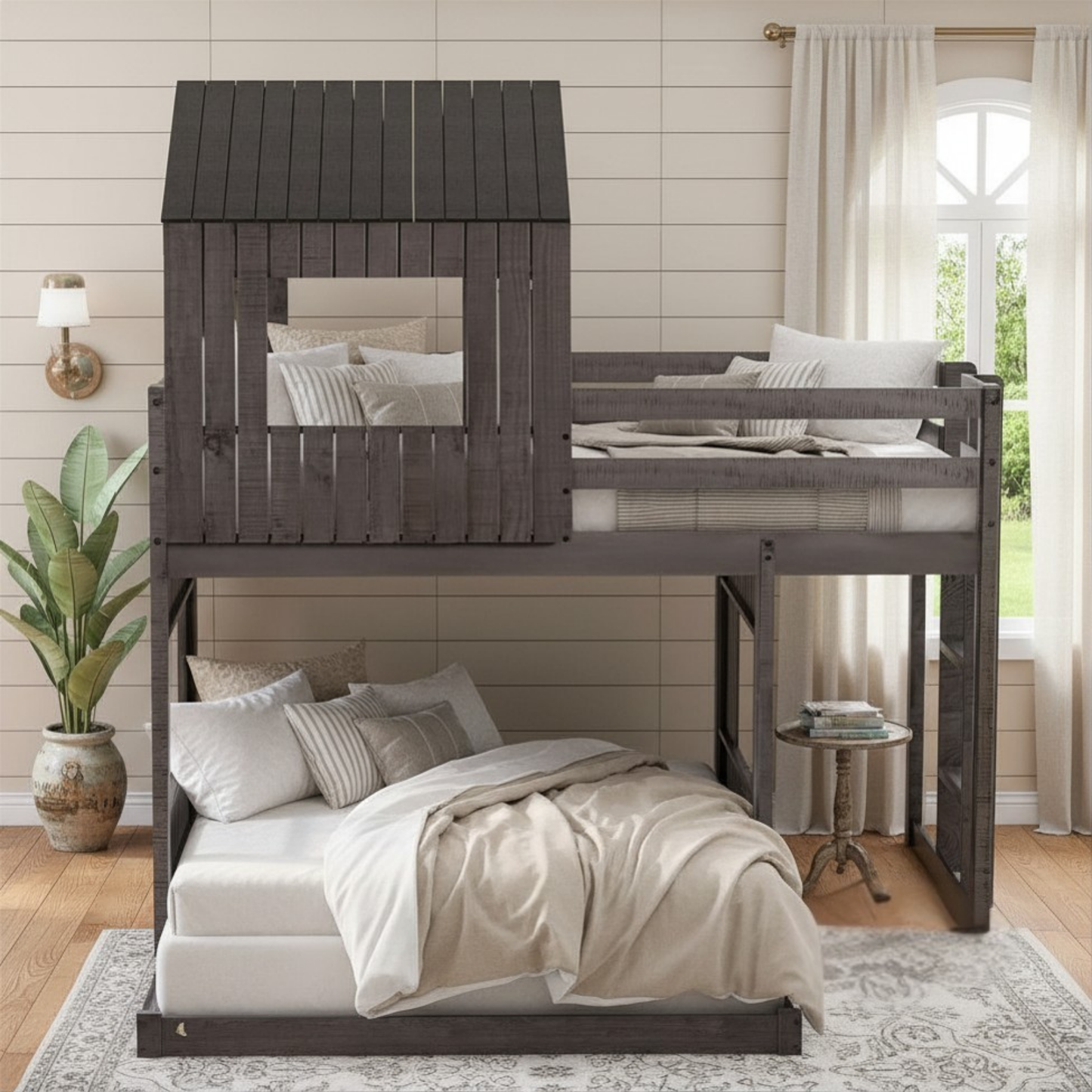 House Twin Over Full Luxury Bunk Beds Wood Distressed Grey