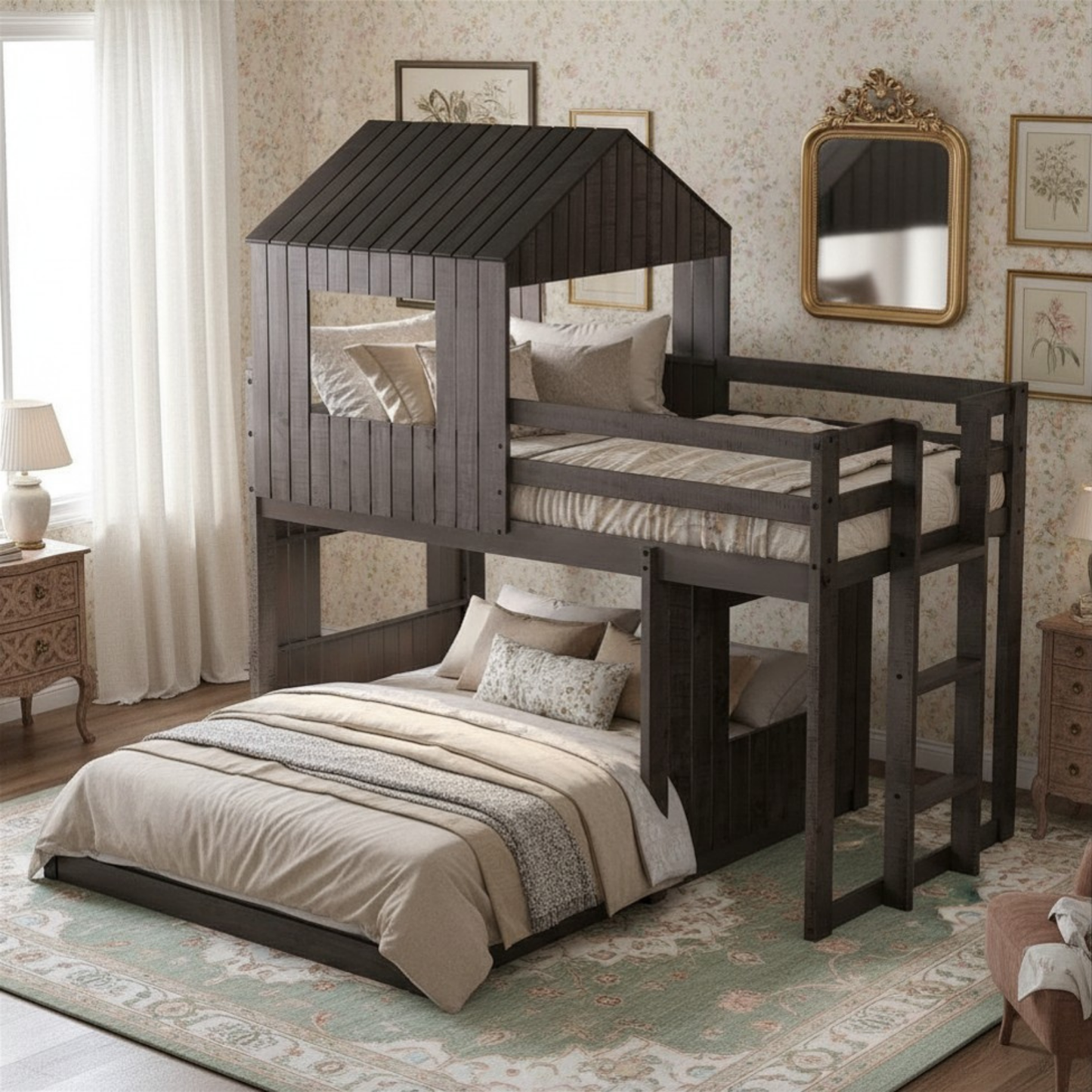 House Twin Over Full Luxury Bunk Beds Wood Distressed Grey