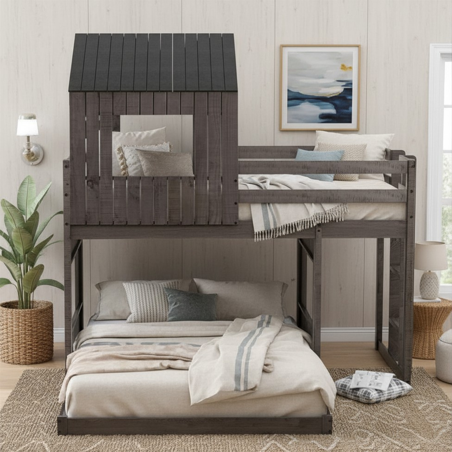 House Twin Over Full Luxury Bunk Beds Wood Distressed Grey