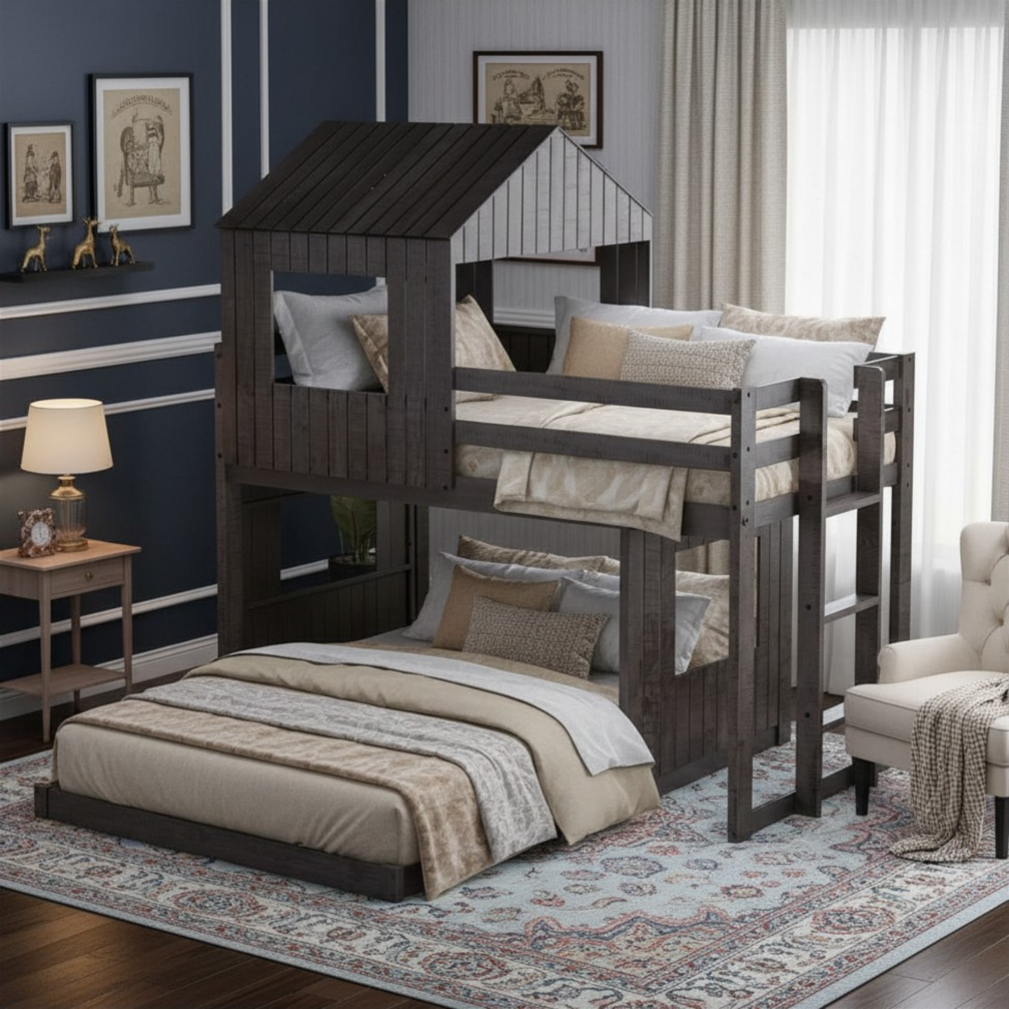 House Twin Over Full Luxury Bunk Beds Wood Distressed Grey