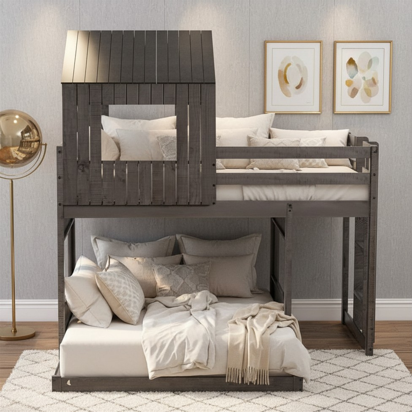 House Twin Over Full Luxury Bunk Beds Wood Distressed Grey