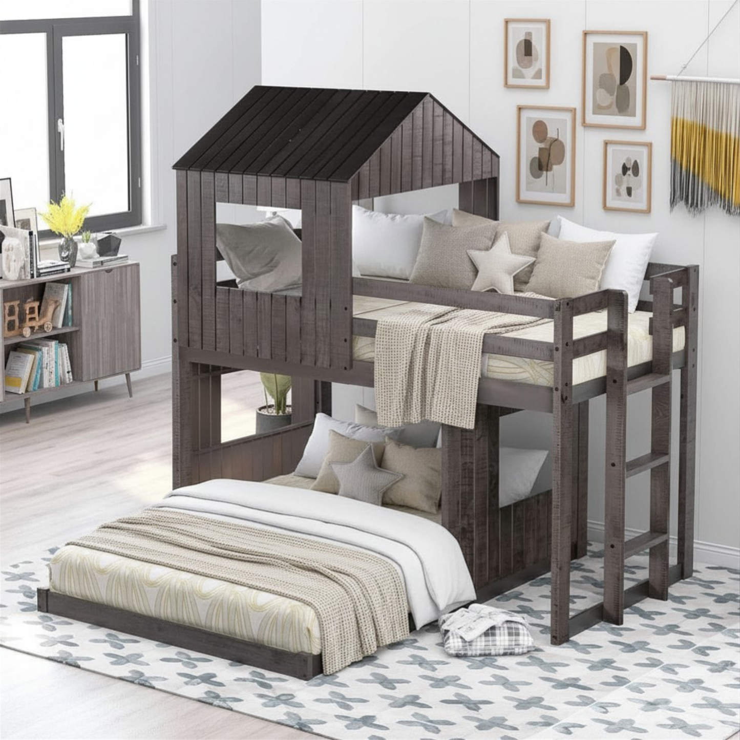 House Twin Over Full Luxury Bunk Beds Wood Distressed Grey