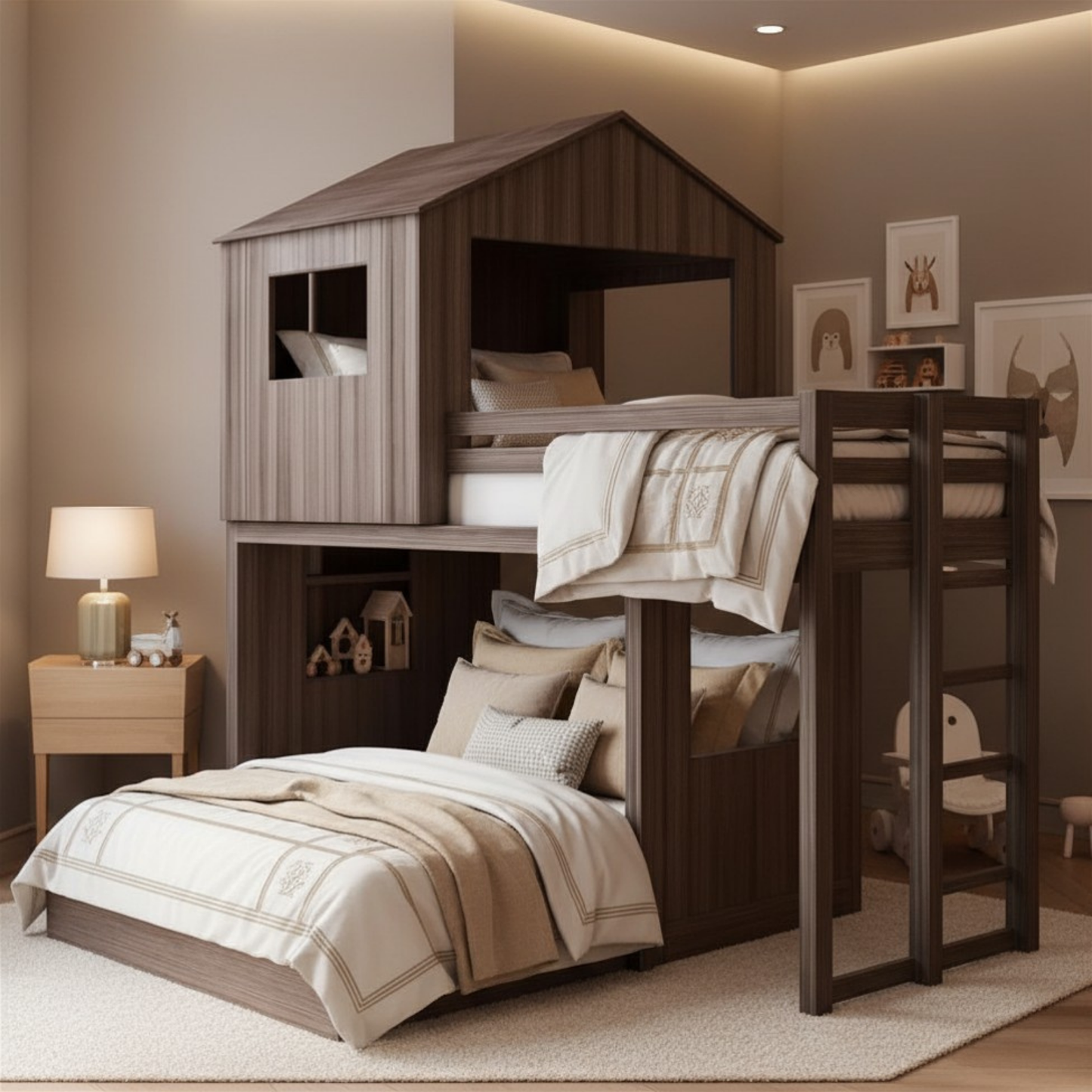 House Twin Over Full Luxury Bunk Beds Wood Distressed Grey