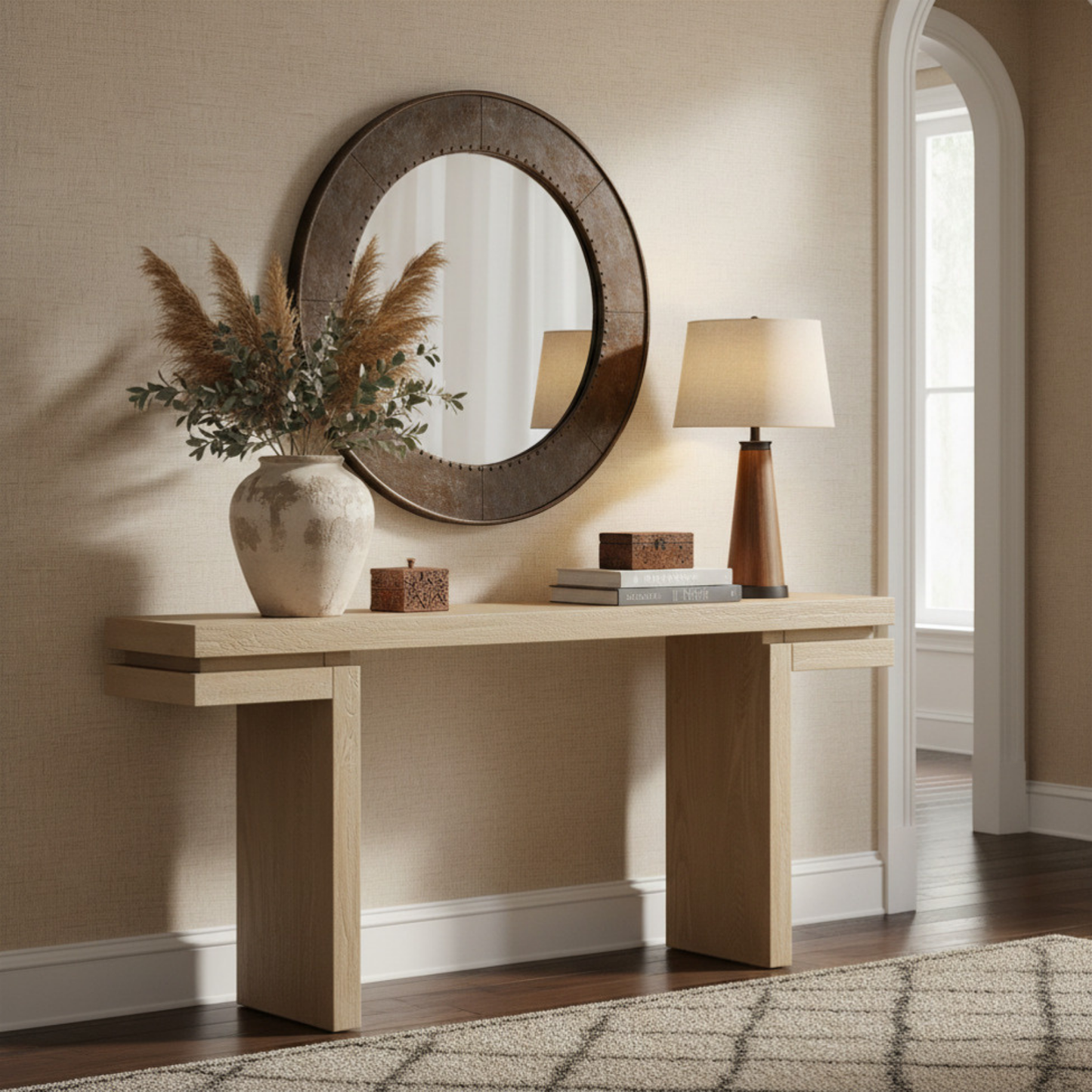 66' Extra Wide Real Wood Veneered Console Table, Minimalist Sofa Table Behind Couch for Entryway, Hallway, Living Room, Home Office, Distressed Oak