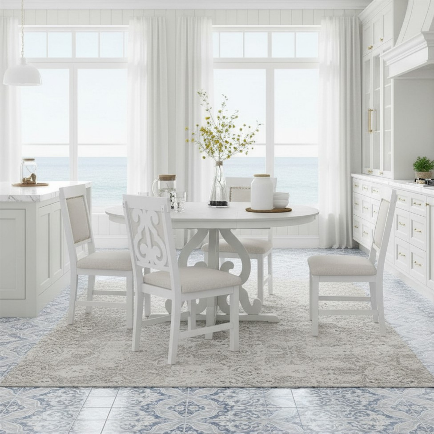 Round Solid Wood Extendable Dining Table Set with Four Matching Upholstered Chairs
