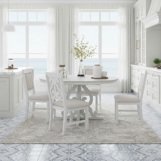 Round Solid Wood Extendable Dining Table Set with Four Matching Upholstered Chairs