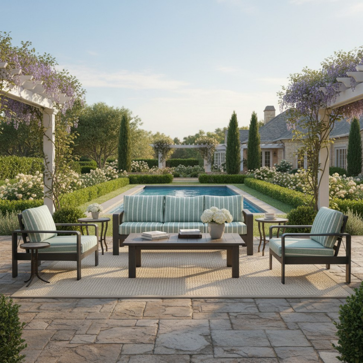 Rolig Green and White Stripe Olefin Fabric Outdoor Luxury Sofa