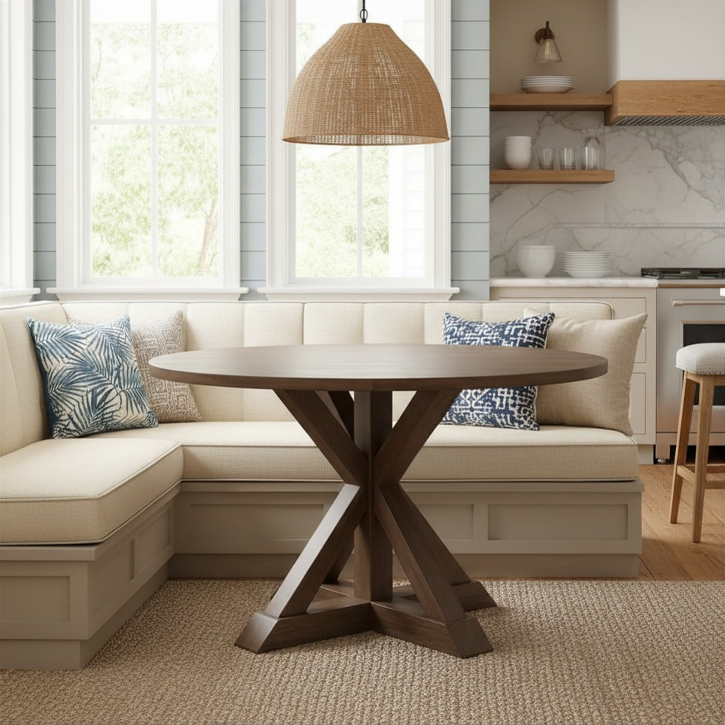 Alfred Round Solid Wood Rustic Dining Table 46.5 Inch Diameter Trestle Pedestal