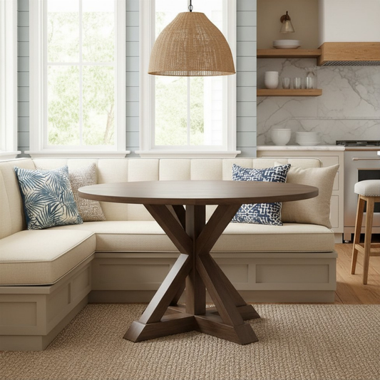 Alfred Round Solid Wood Rustic Dining Table 46.5 Inch Diameter Trestle Pedestal