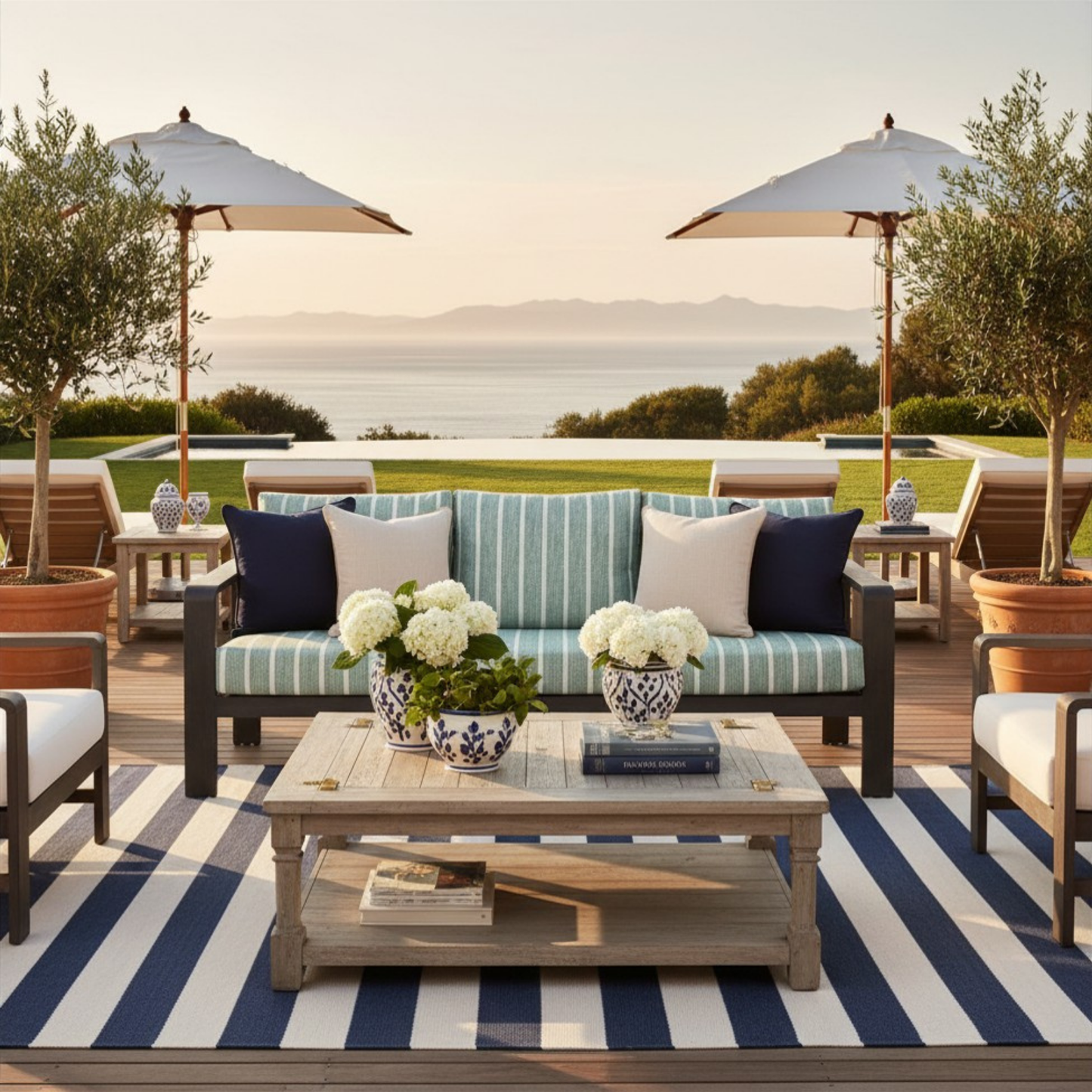 Rolig Green and White Stripe Olefin Fabric Outdoor Luxury Sofa