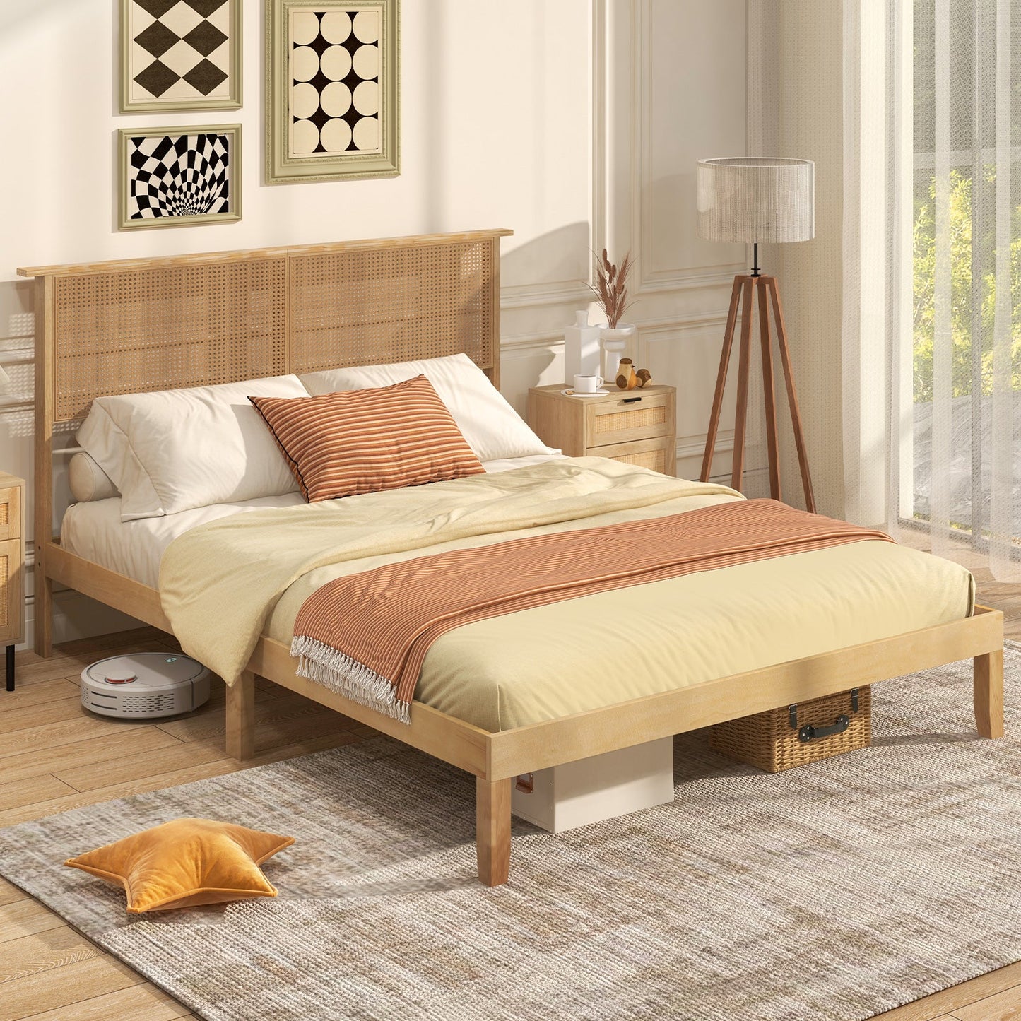 Twin/Full/Queen Size Bed Frame with Rattan Headboard