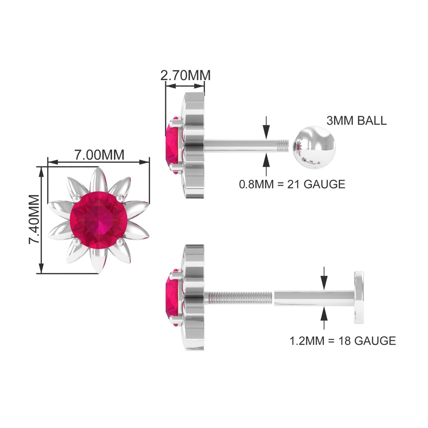 Red Ruby Flower Earring for Cartilage Piercing