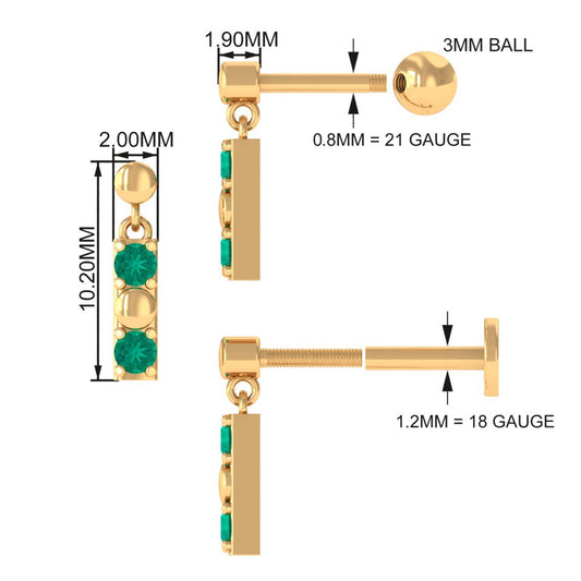 Simple Emerald Bar Drop Earring for Cartilage Piercing
