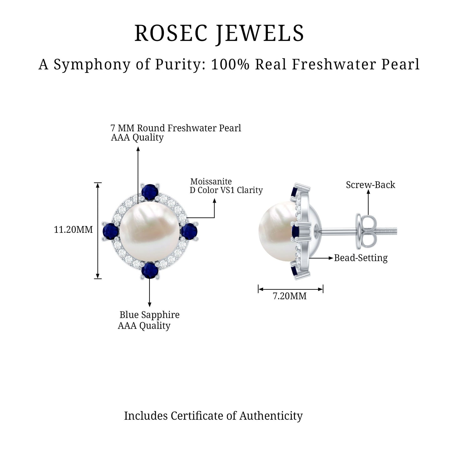 Certified Cultured Pearl and Sapphire Bridal Stud Earrings