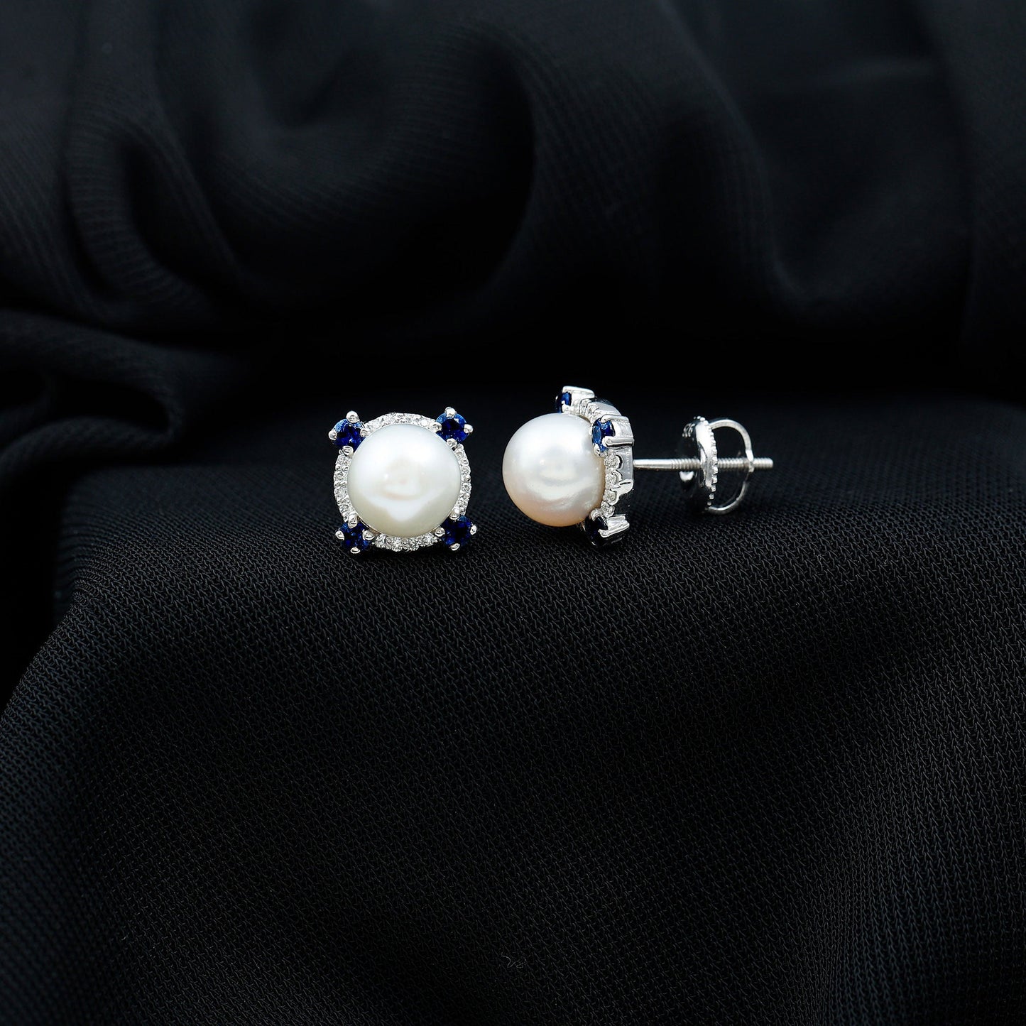 Certified Cultured Pearl and Sapphire Bridal Stud Earrings