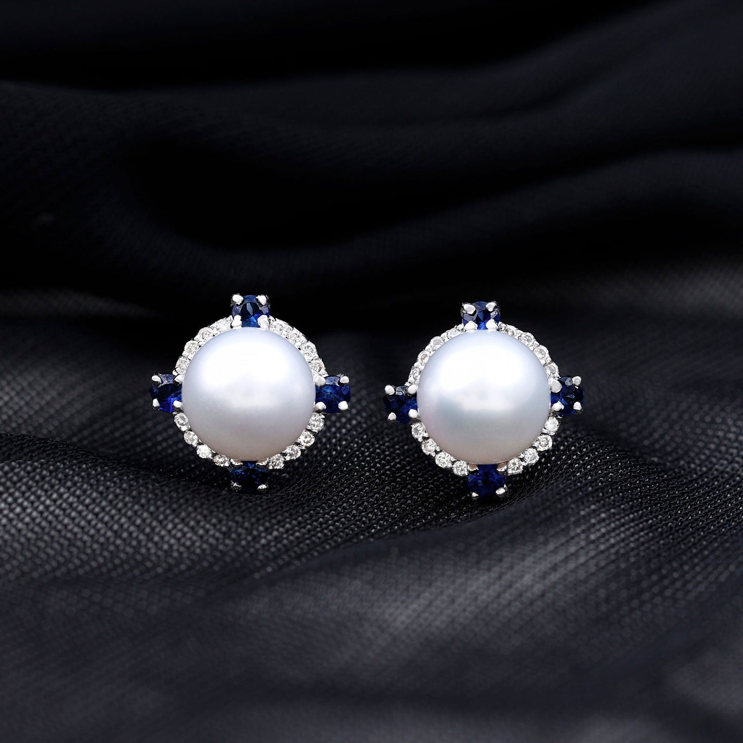 Certified Cultured Pearl and Sapphire Bridal Stud Earrings