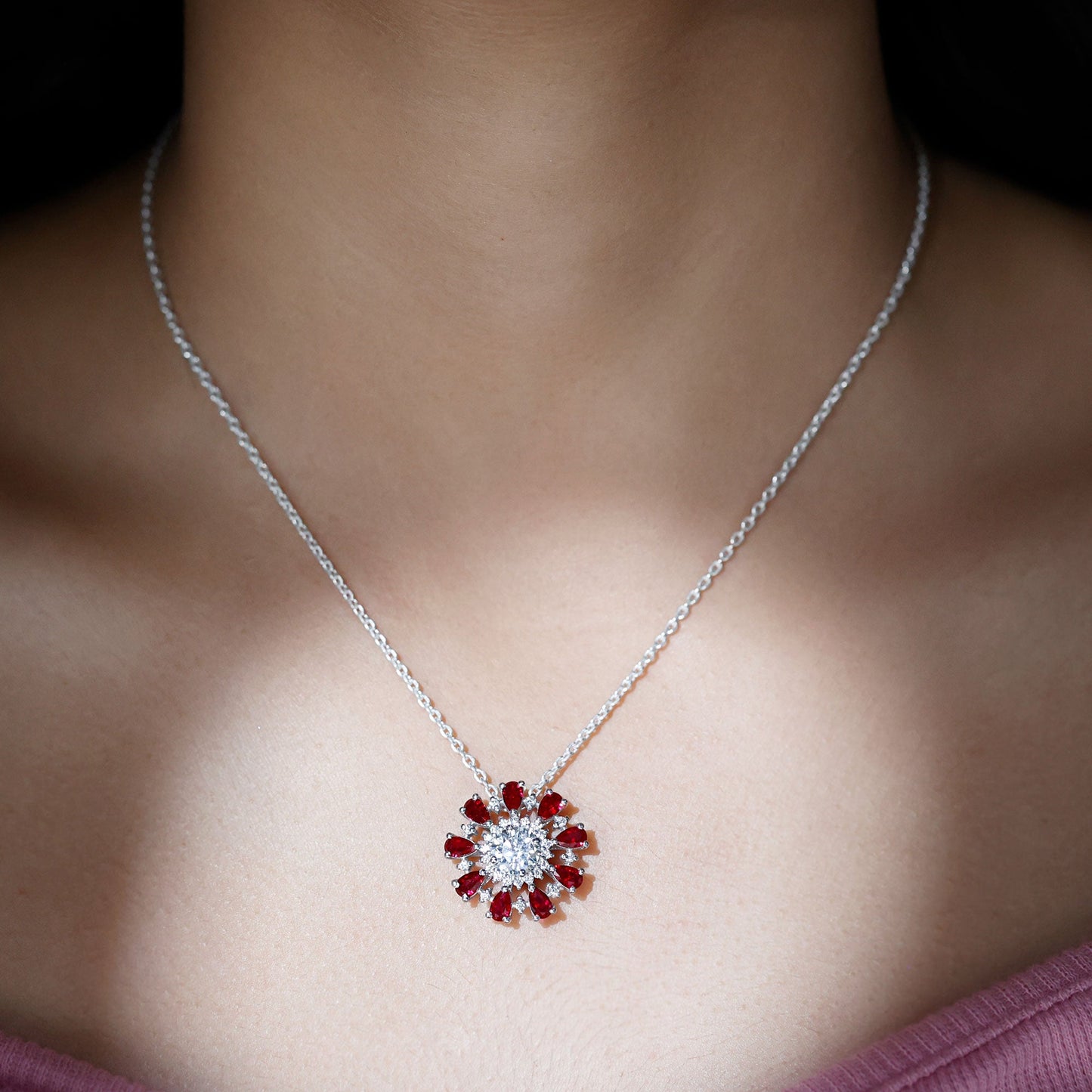 7 MM Lab Grown Diamond Flower Statement Necklace with Ruby