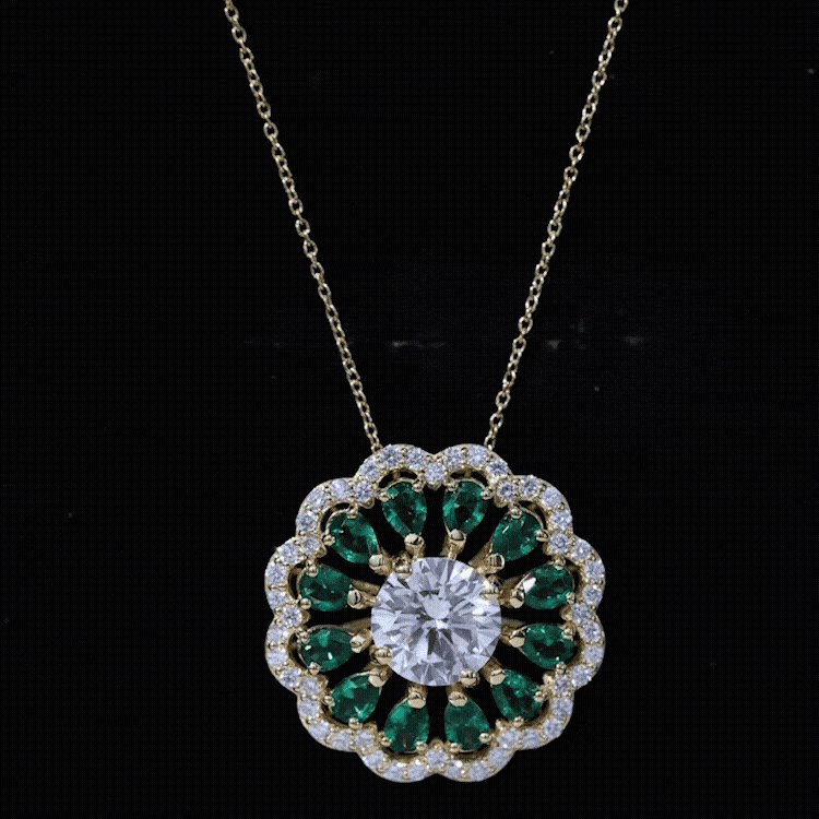 9 MM Lab Grown Diamond Flower Bridal Necklace With Emerald
