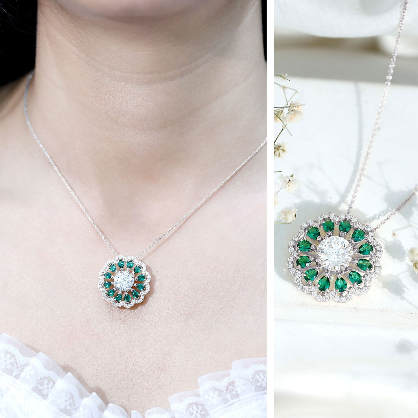 9 MM Lab Grown Diamond Flower Bridal Necklace With Emerald