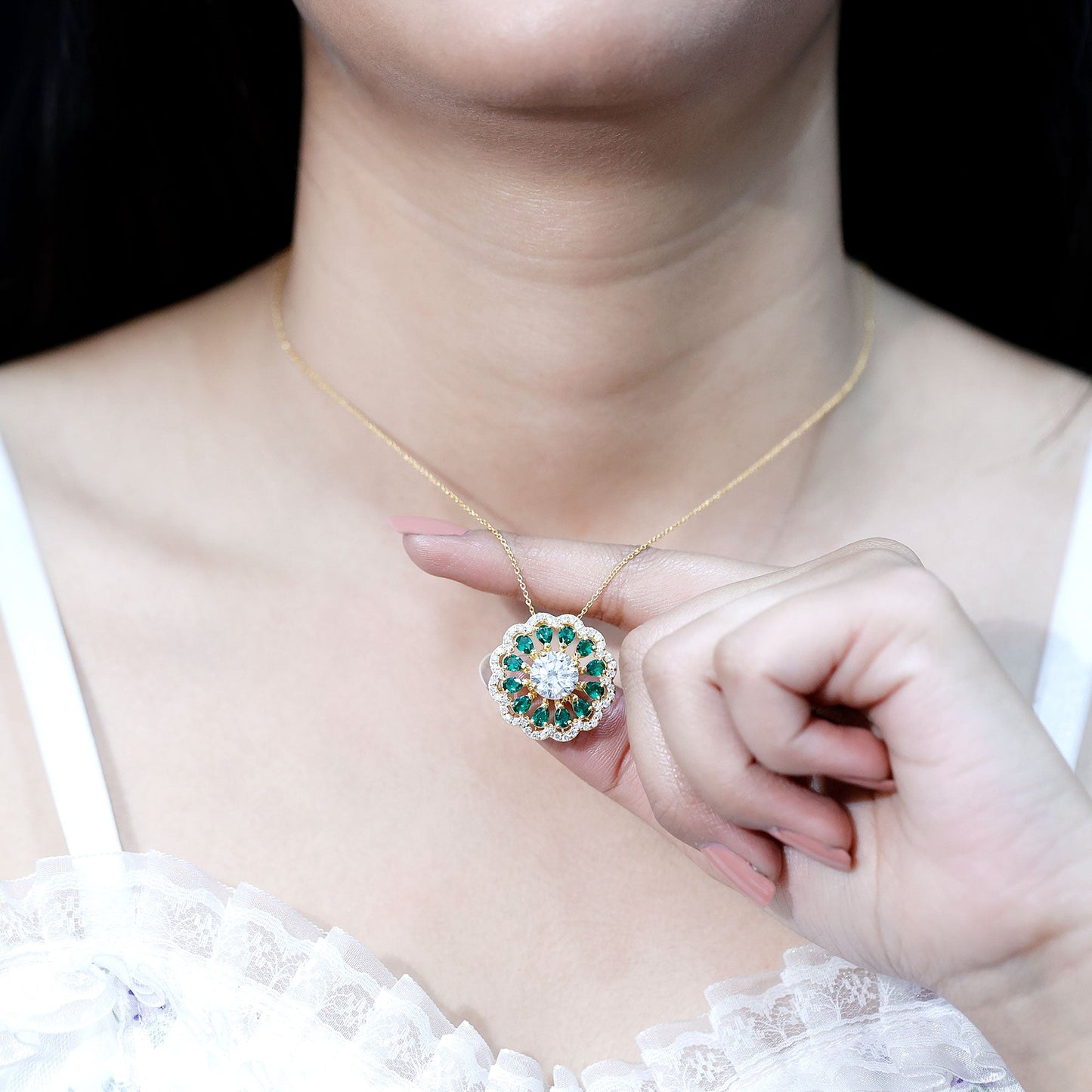 9 MM Lab Grown Diamond Flower Bridal Necklace With Emerald