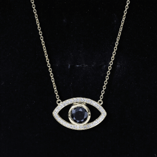 Natural 1.6 Carat Black Diamond Evil Eye Necklace in Yellow Gold Plated Silver