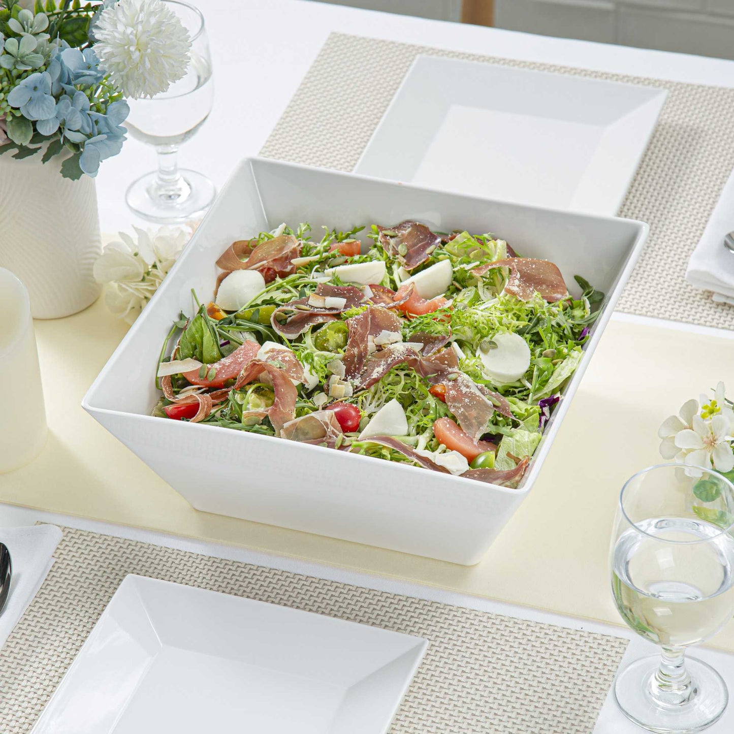 Voga 180 oz Square White Melamine Serving Bowl - Classic - 11 3/4" x 11 3/4" x 4 1/2" - 2 count box