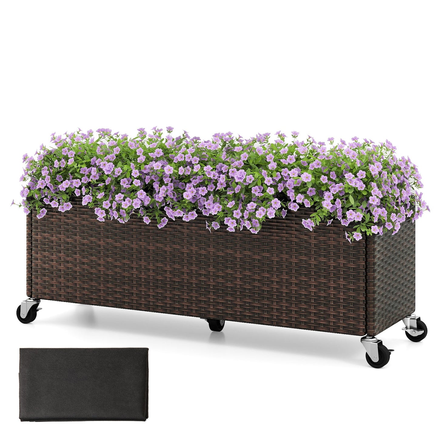 Raised Garden Bed PE Rattan Wicker Patio Planter Box with Wheels and Liner