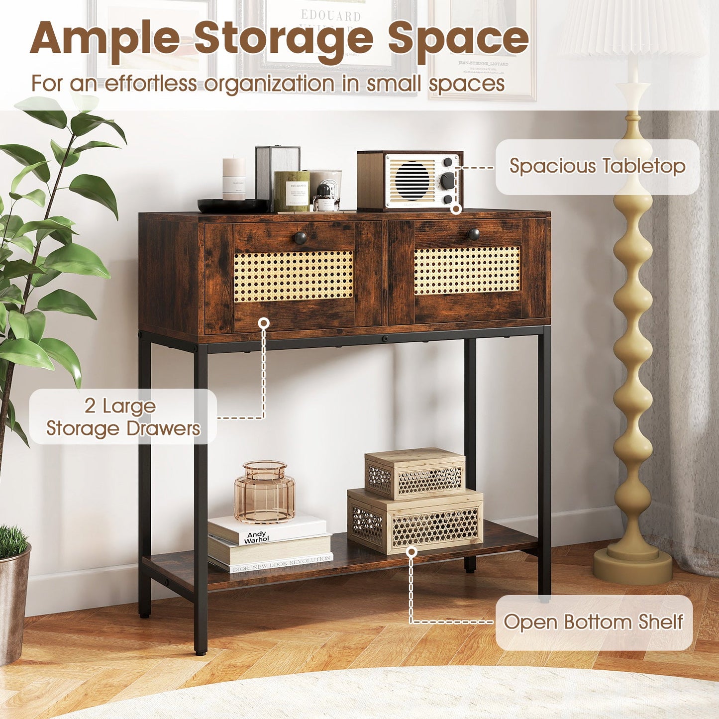 Rattan Console Table Boho Entryway Table with 2 Rattan Drawers and Open Storage Shelf