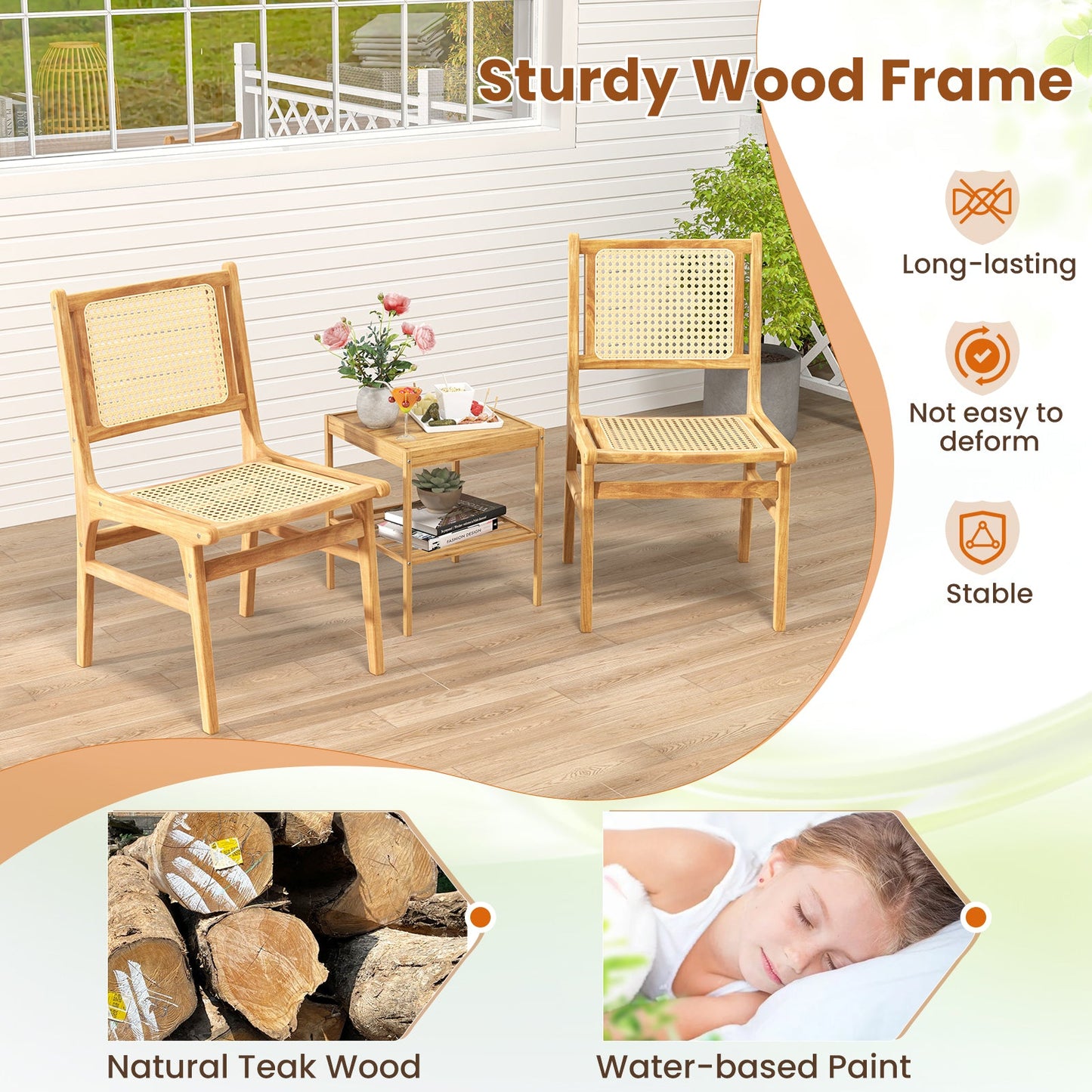 Rattan Dining Chair with Natural Cane Woven Backrest and Teak Wood Frame