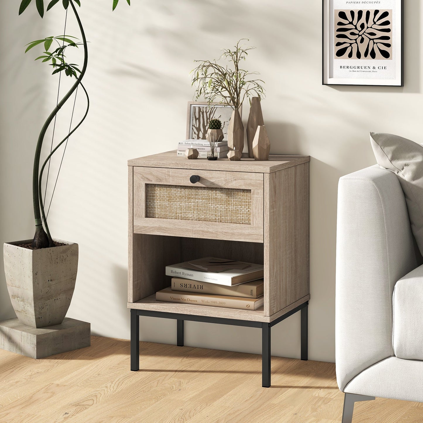 Rattan Nightstand Boho End Table with Rattan Drawer and Open Shelf Set of 2