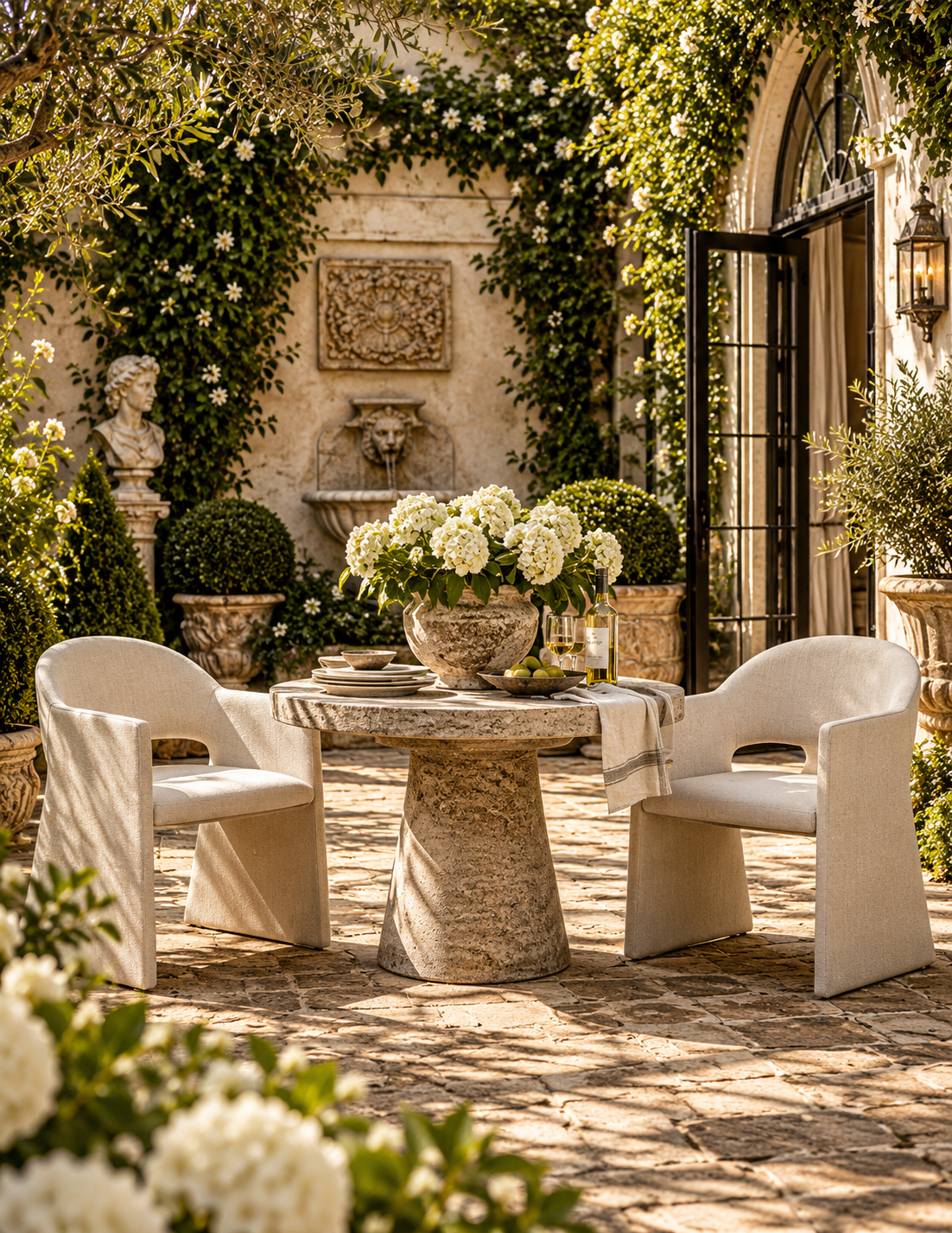 A luxury outdoor patio dining set featuring two modern off-white molded armchairs and a round stone pedestal table, styled with a large floral centerpiece in a lush, sun-dappled Mediterranean courtyard.