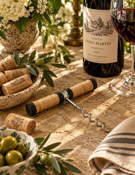 A wine bottle labeled Château Saint-Martin with a cork-handled corkscrew laid on a stone table beside a glass of red wine, olives in a bowl, corks in a dish, and flowers in the background.
