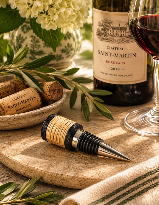 A close-up styled scene showing a wine bottle labeled Château Saint-Martin Bordeaux 2019, a glass of red wine, corks in a dish, olive branches, and a black-and-beige stopper resting on a stone surface.