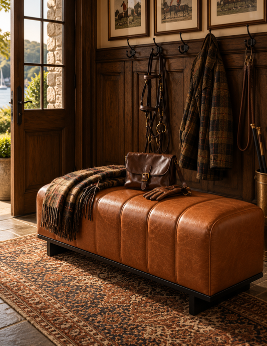 The Langford Upholstered Dining Bench — Saddle Brown
