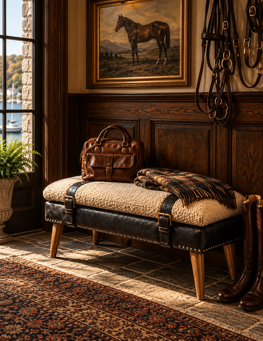 The Calder Bouclé & Buffalo Leather Bench — Oak