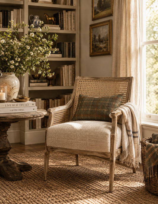 A rustic wooden armchair with woven cane back and seat, styled in a warm, sunlit room with a plaid accent pillow, a cream throw blanket, a round wooden side table with flowers, and a bookshelf in the background.