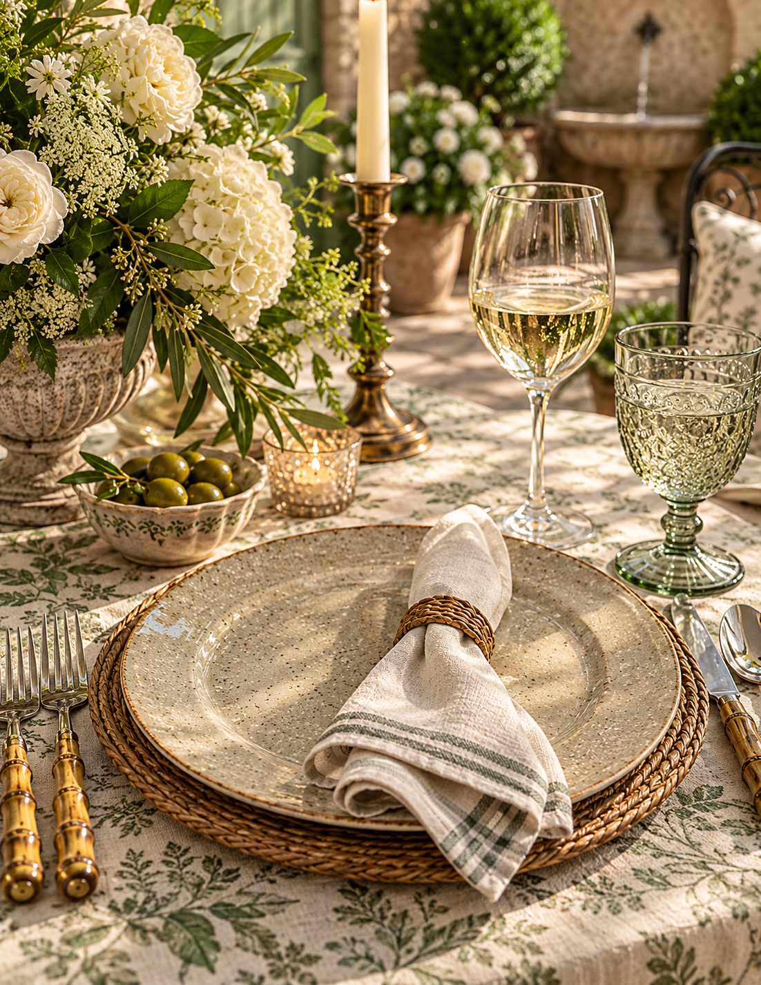 An elegantly styled outdoor dining table setting with a beige floral tablecloth, stacked woven placemats, a cream linen napkin with green stripes, gold-toned flatware, a wine glass of white wine, a green glass, and a large white floral centerpiece.