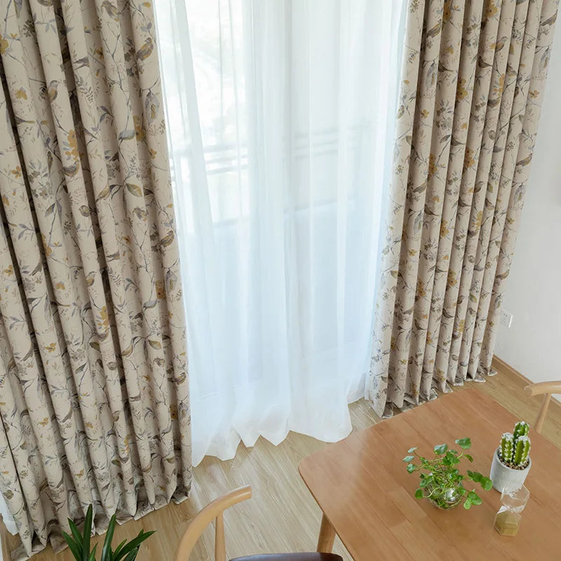 Cotton-Linen Blend Branch Print Window Curtain