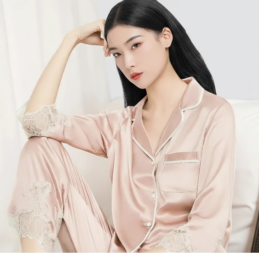 Mulberry Silk Pajama Set with Lace Trim 3-Piece Loungewear