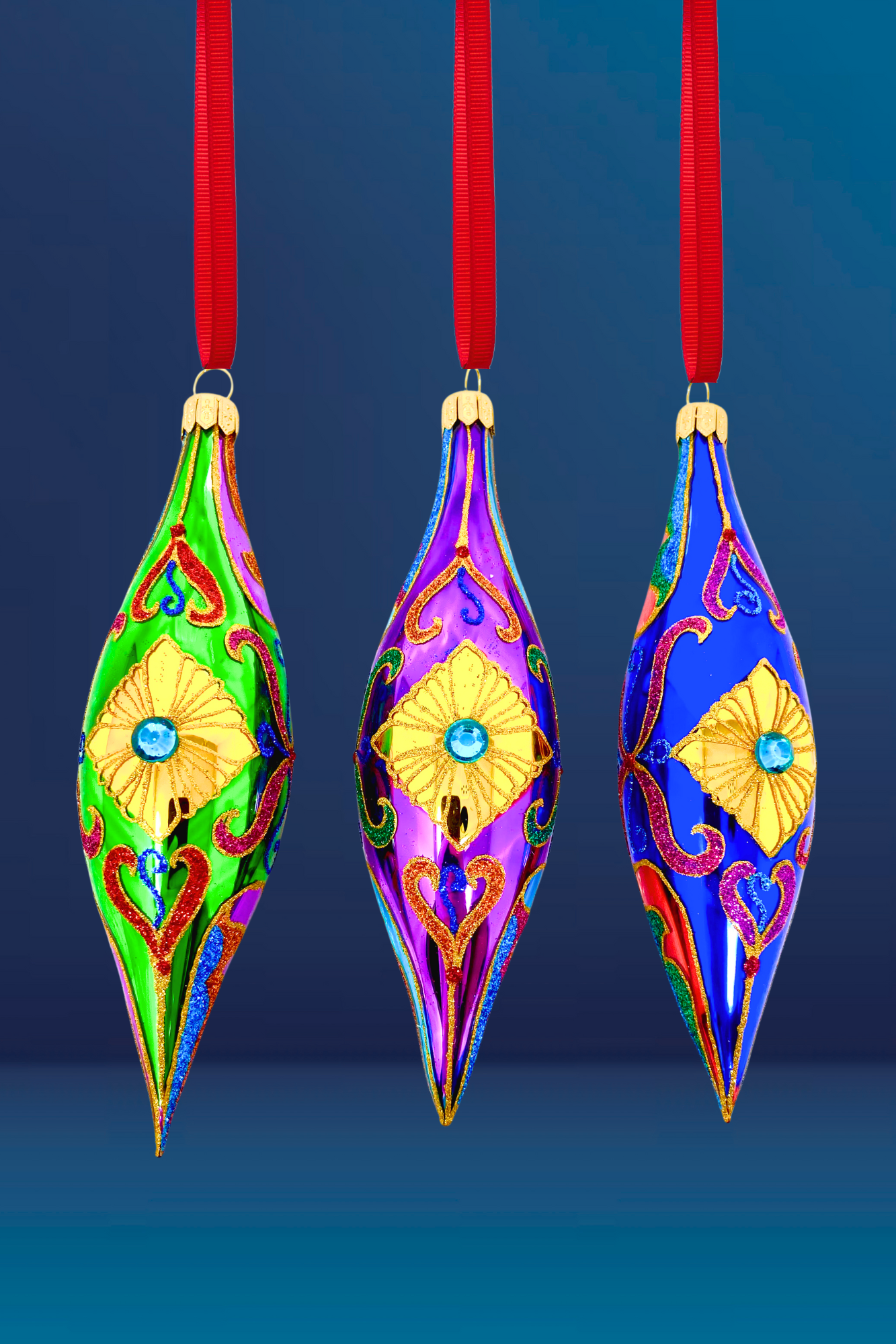 Sparkling Gem Batons Set/3 Glass Christmas Ornaments (Jewel)