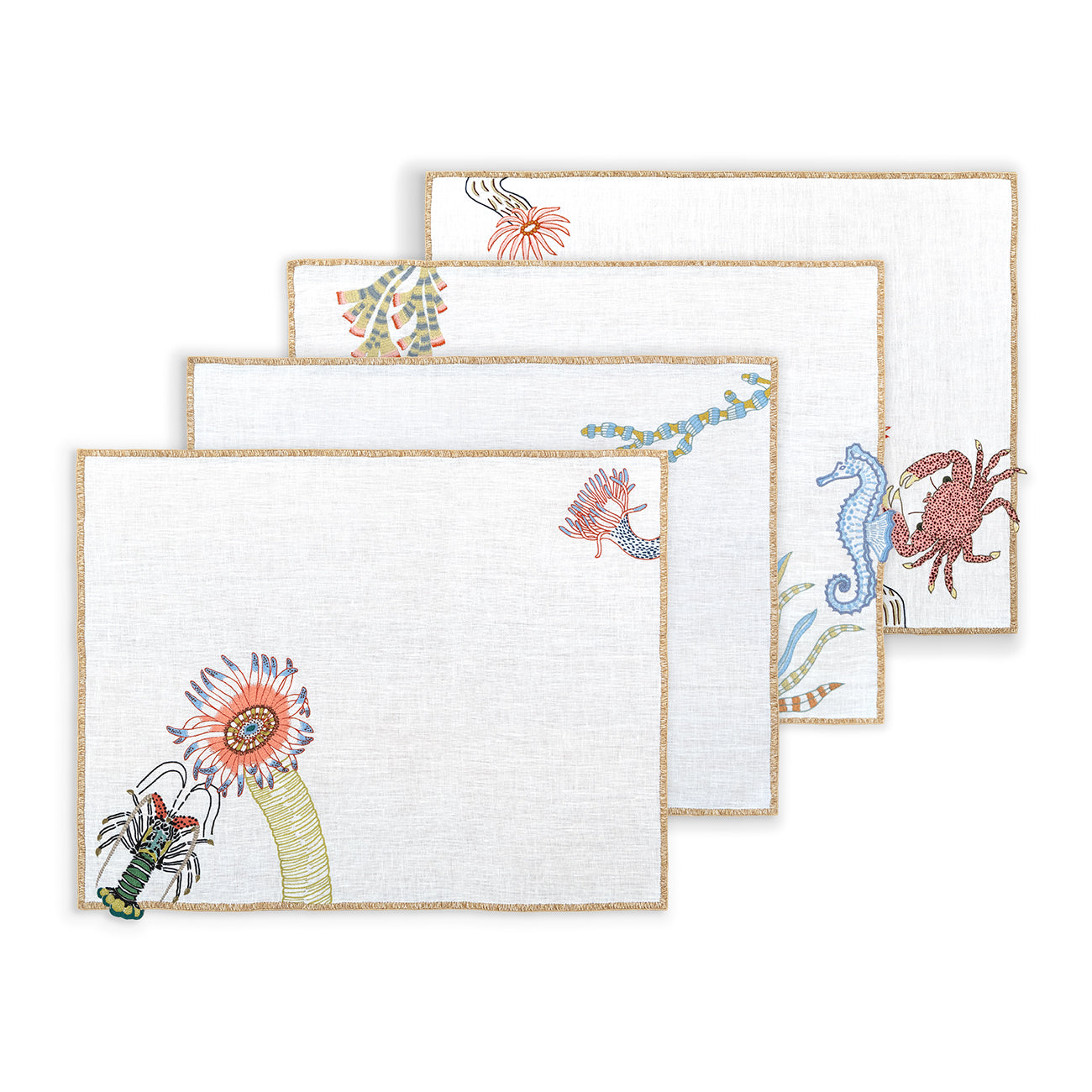 Hand Embroidered Marine Life Placemats 14" × 18" (Set of 4)